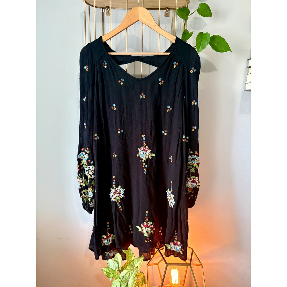 Free People Oxford Black Embroidered Swing Dress -sz Small